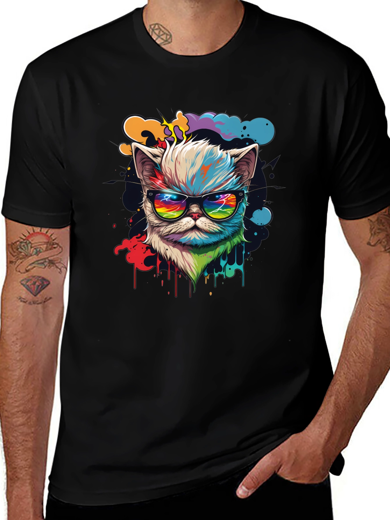 Cool Cat T-Shirt - Retro Rainbow Design