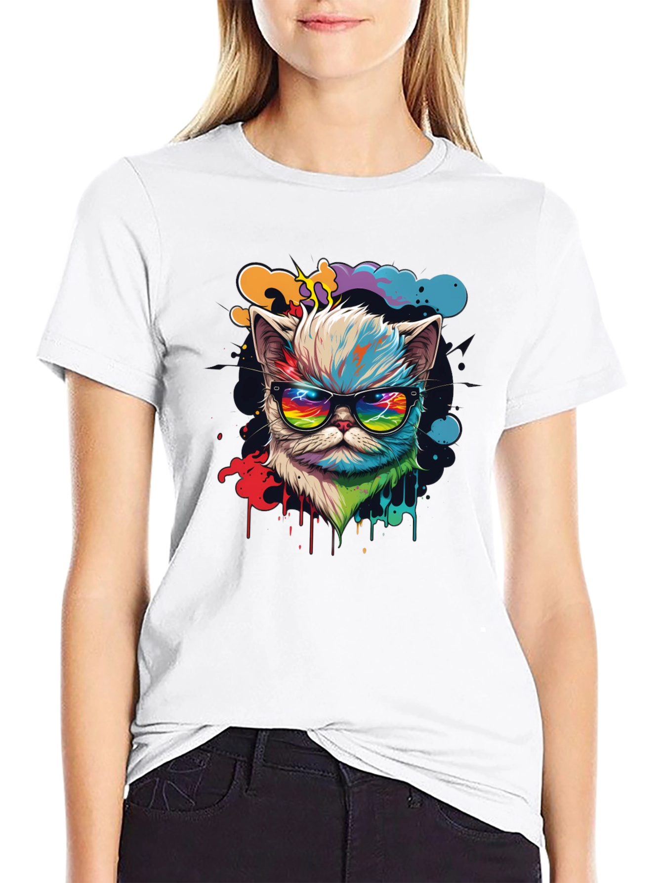 Cool Cat T-Shirt - Retro Rainbow Design