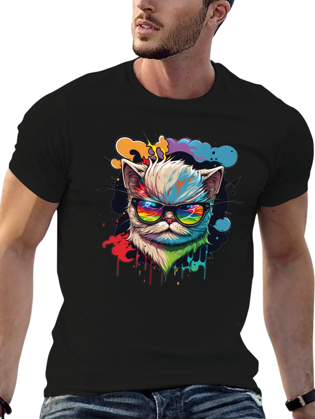 Cool Cat T-Shirt - Retro Rainbow Design