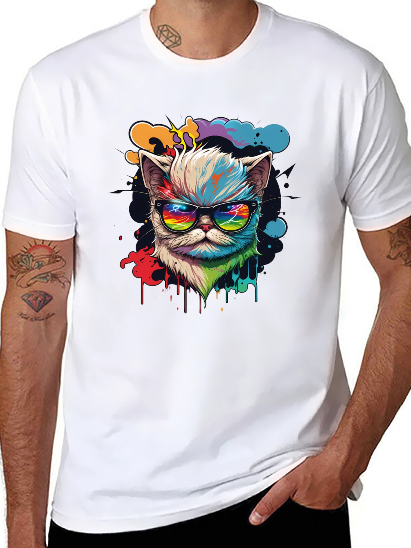 Cool Cat T-Shirt - Retro Rainbow Design