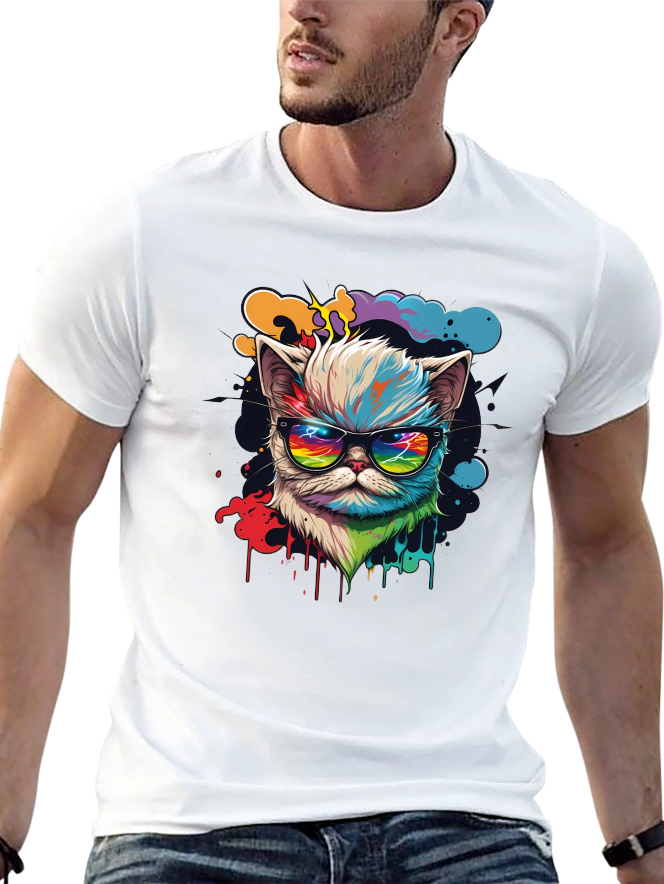 Cool Cat T-Shirt - Retro Rainbow Design