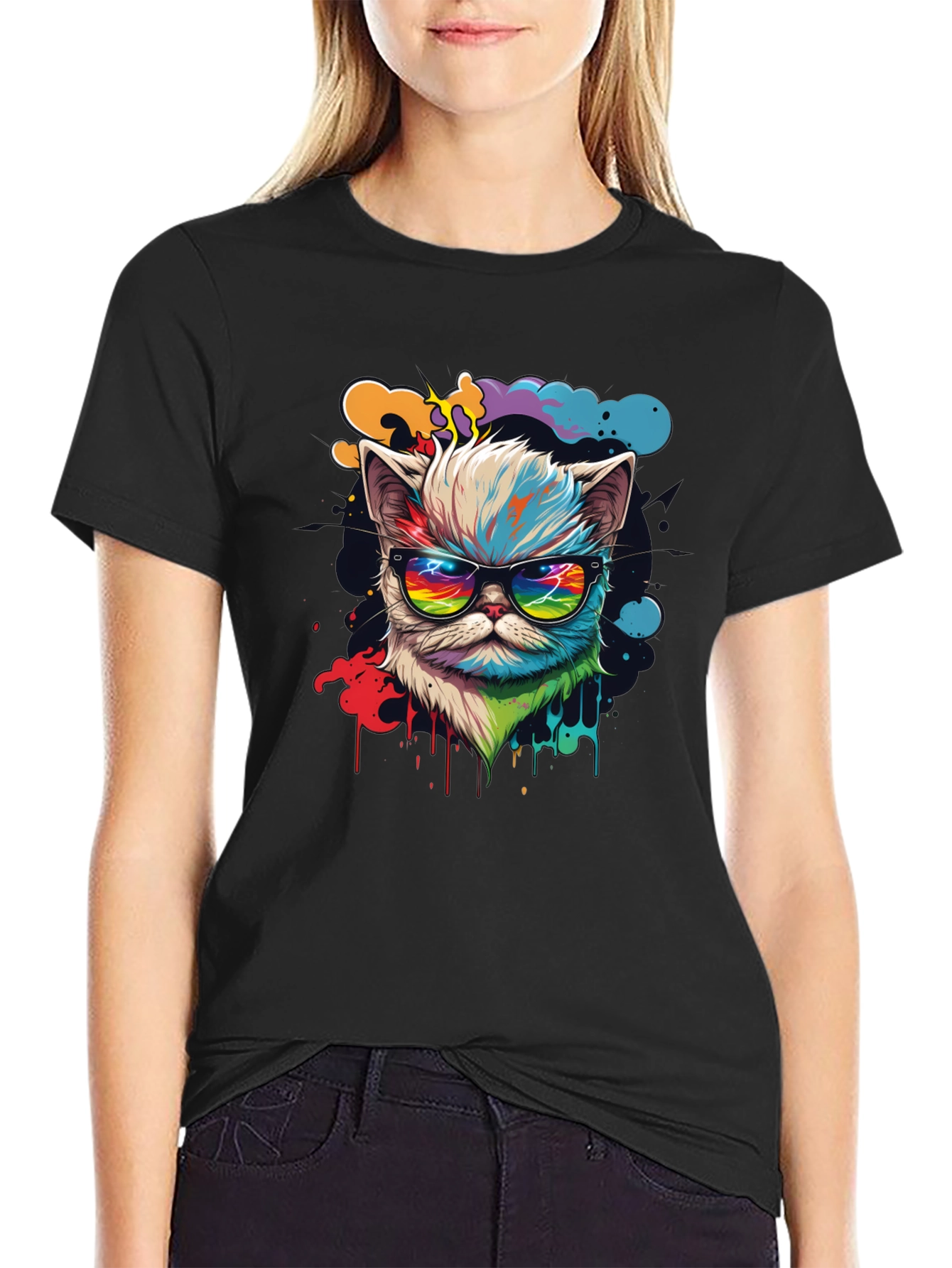 Cool Cat T-Shirt - Retro Rainbow Design