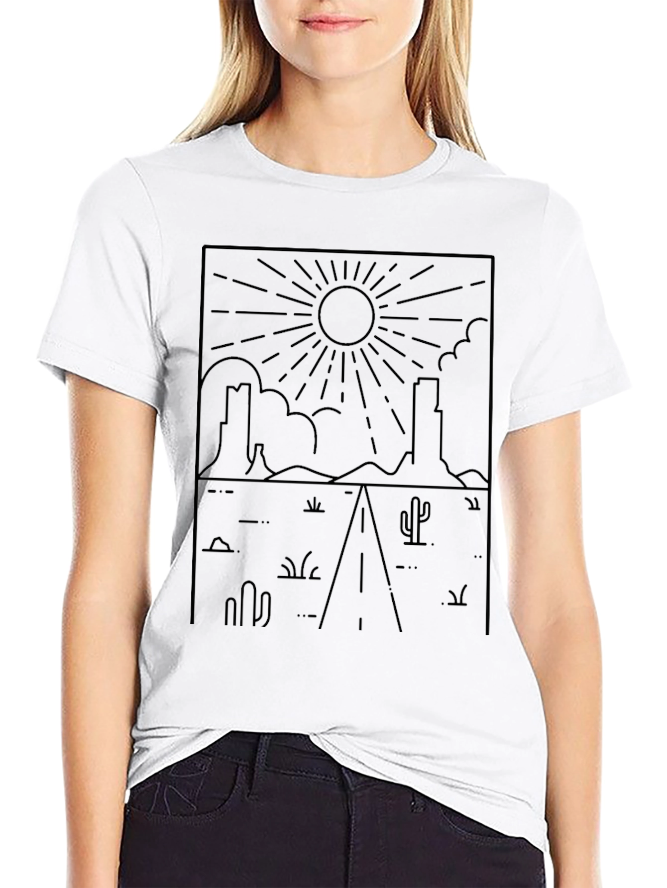 Desert Road Trip T-Shirt - Black Line Art