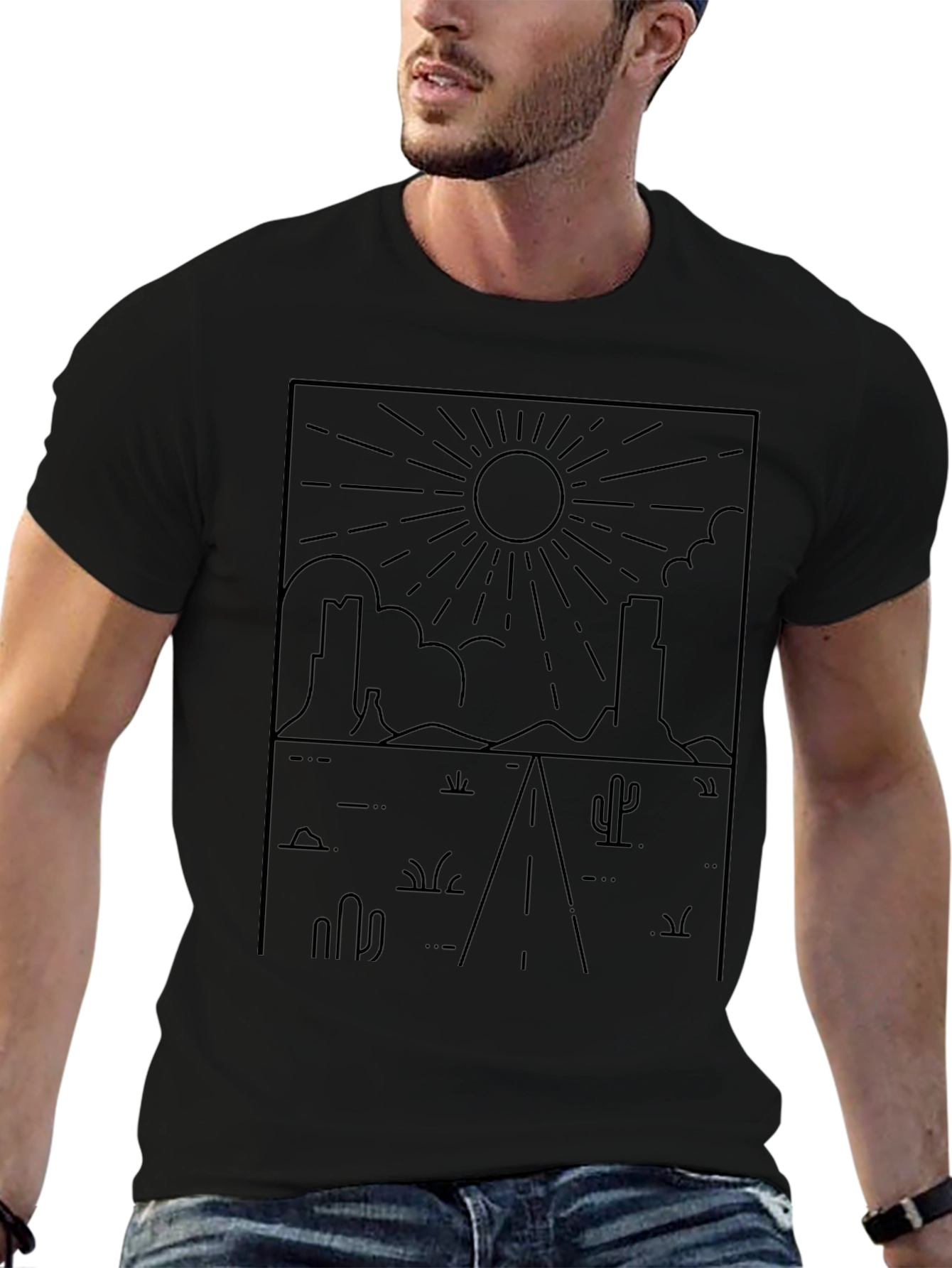 Desert Road Trip T-Shirt - Black Line Art