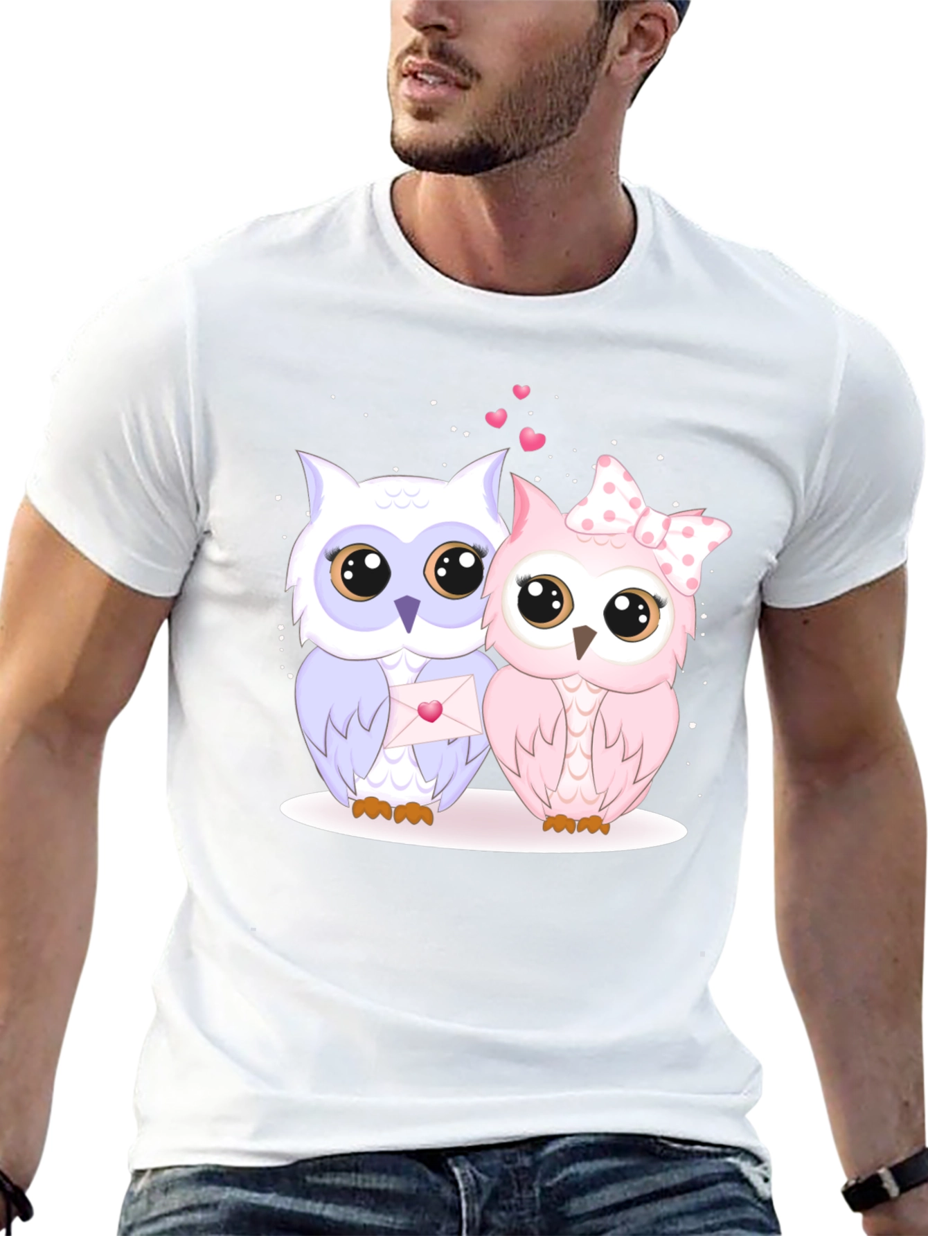 Cute Owl Couple Graphic Tee - Black