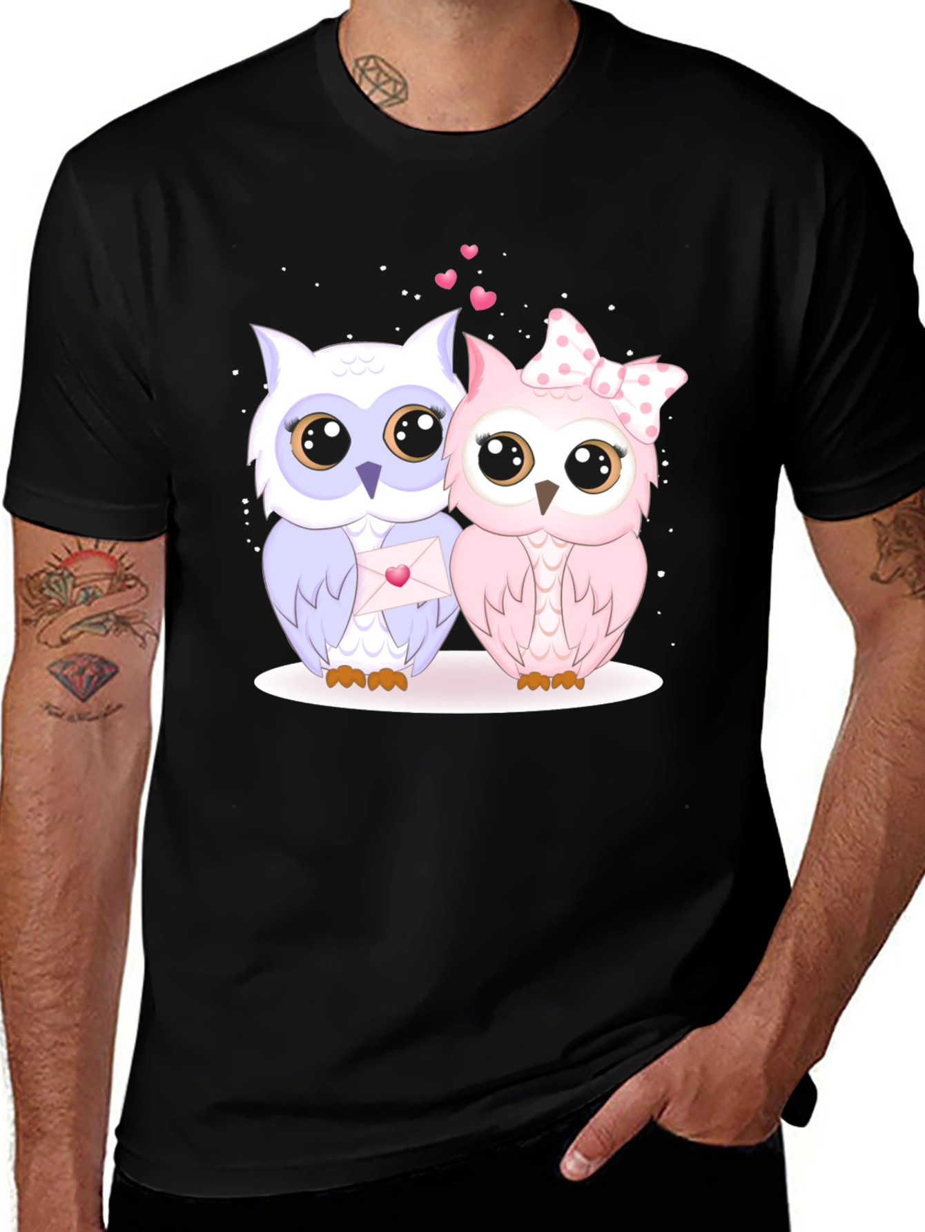 Cute Owl Couple Graphic Tee - Black