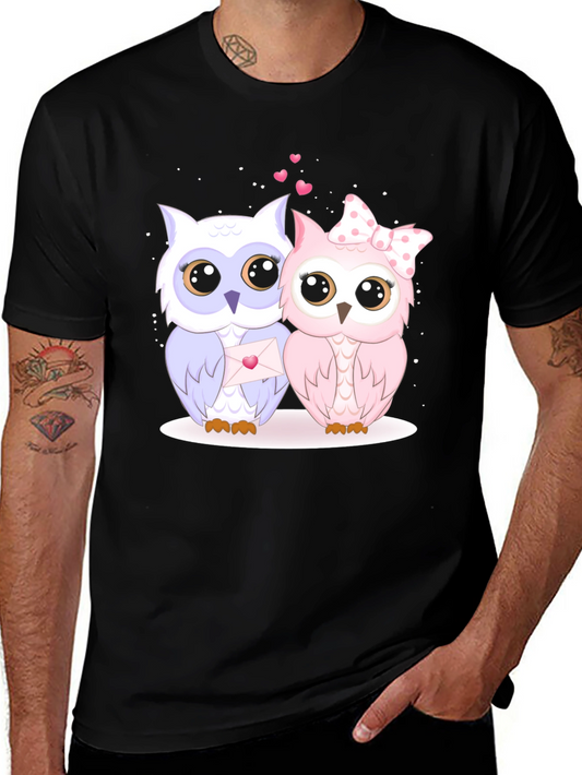 Cute Owl Couple Graphic Tee - Black