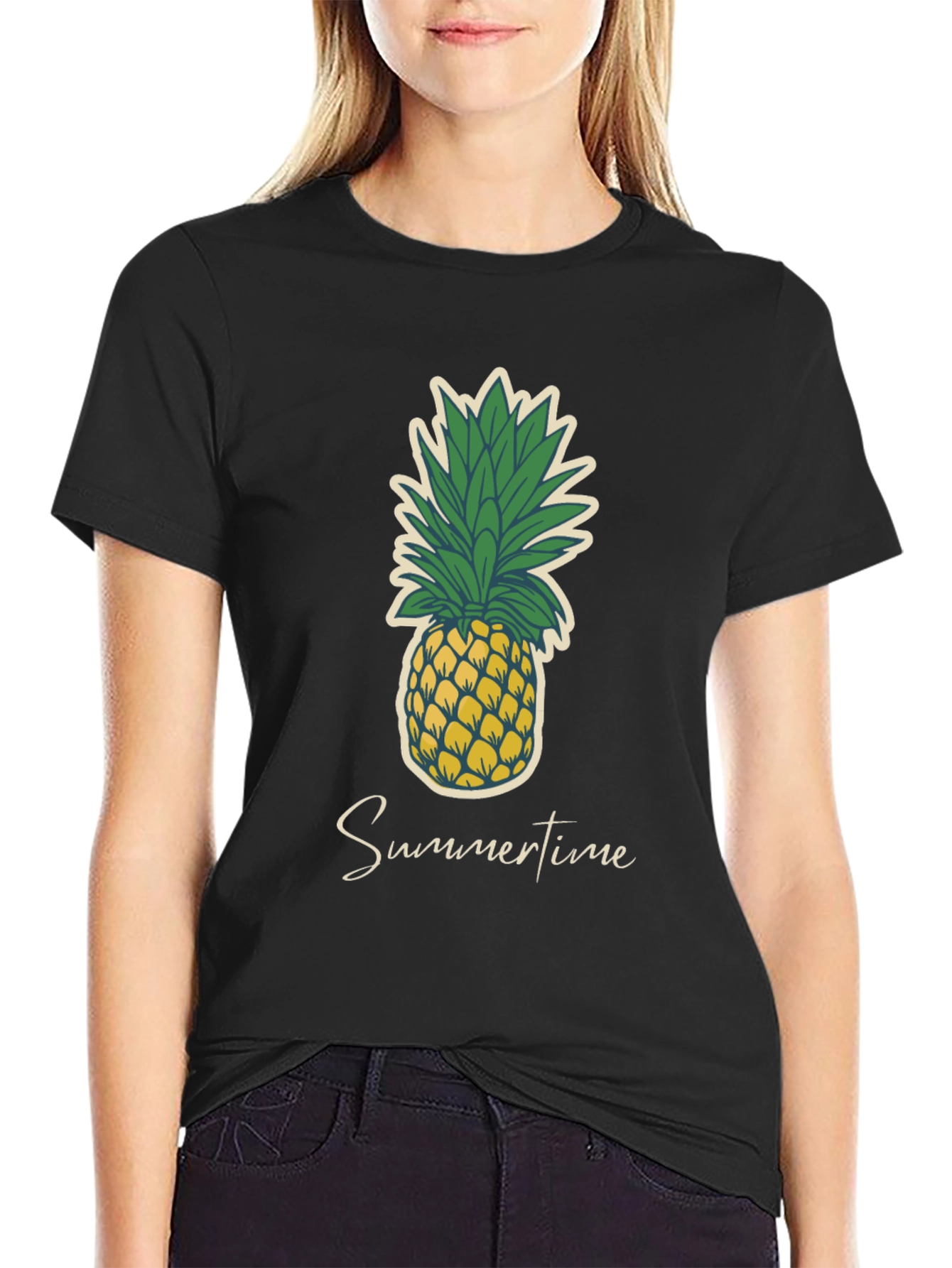Summertime Pineapple Graphic Tee - Casual Black T-Shirt