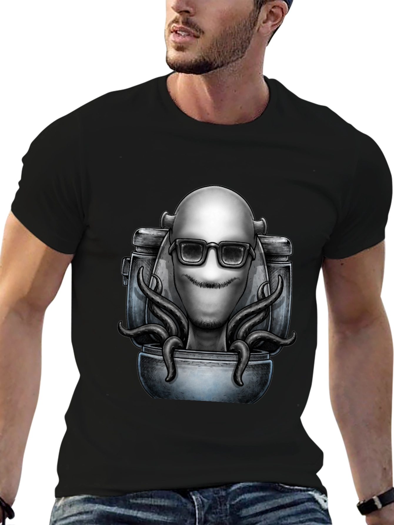 Cool Alien Octopus Graphic T-Shirt - Black