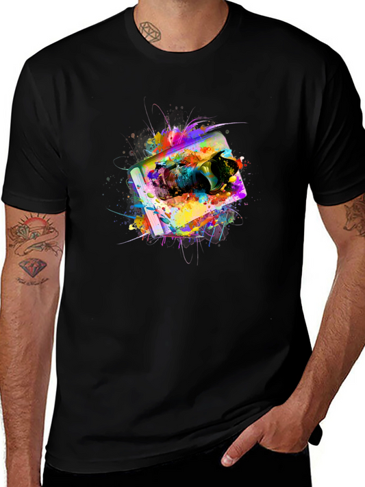 Abstract Colorful Camera Graphic Mens Black T-Shirt