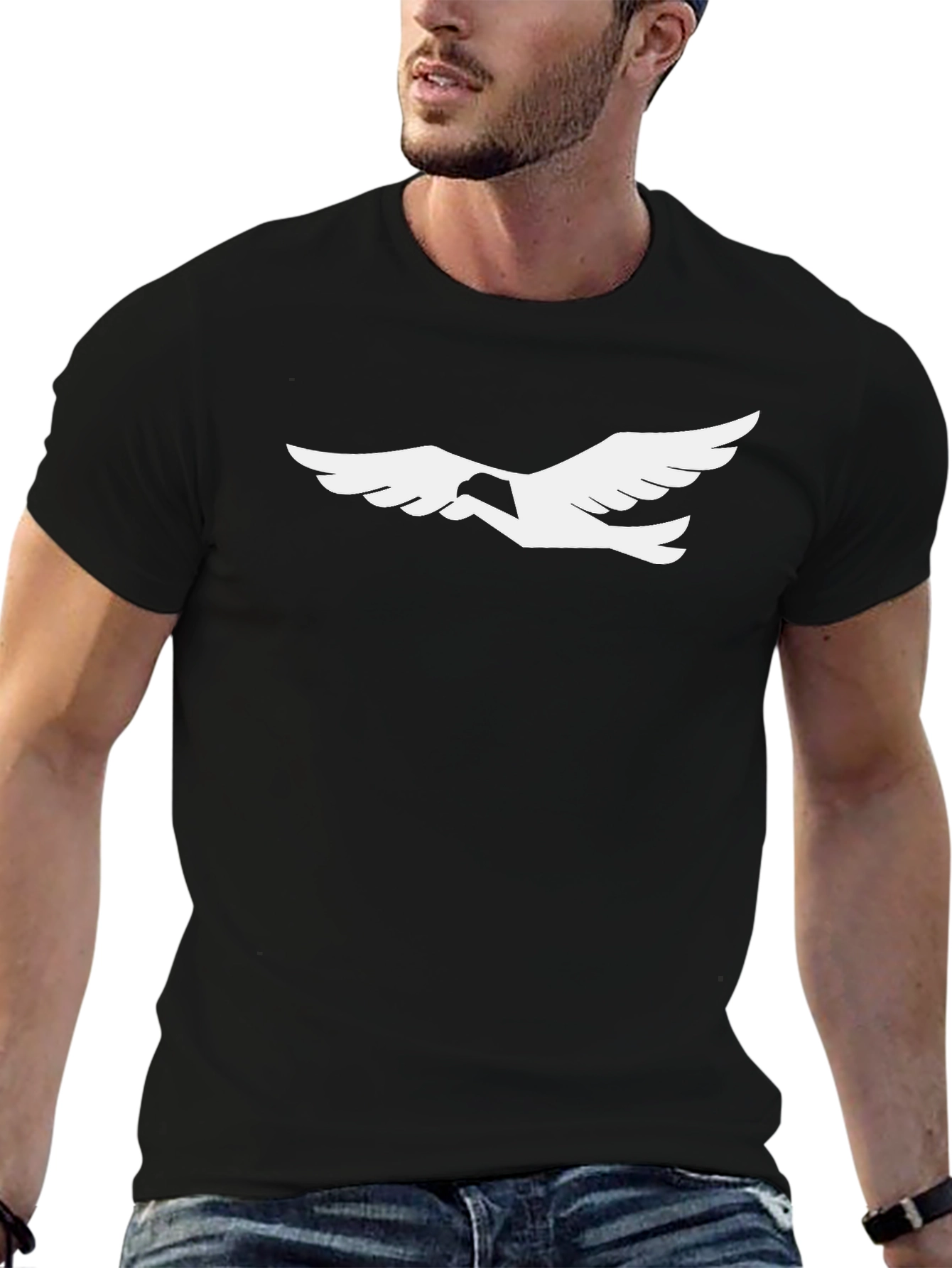Black T-Shirt with White Bird Graphic