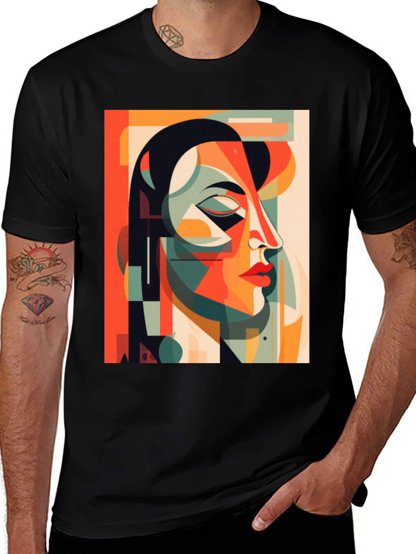 Abstract Geometric Face Graphic Tee - Modern Art Shirt