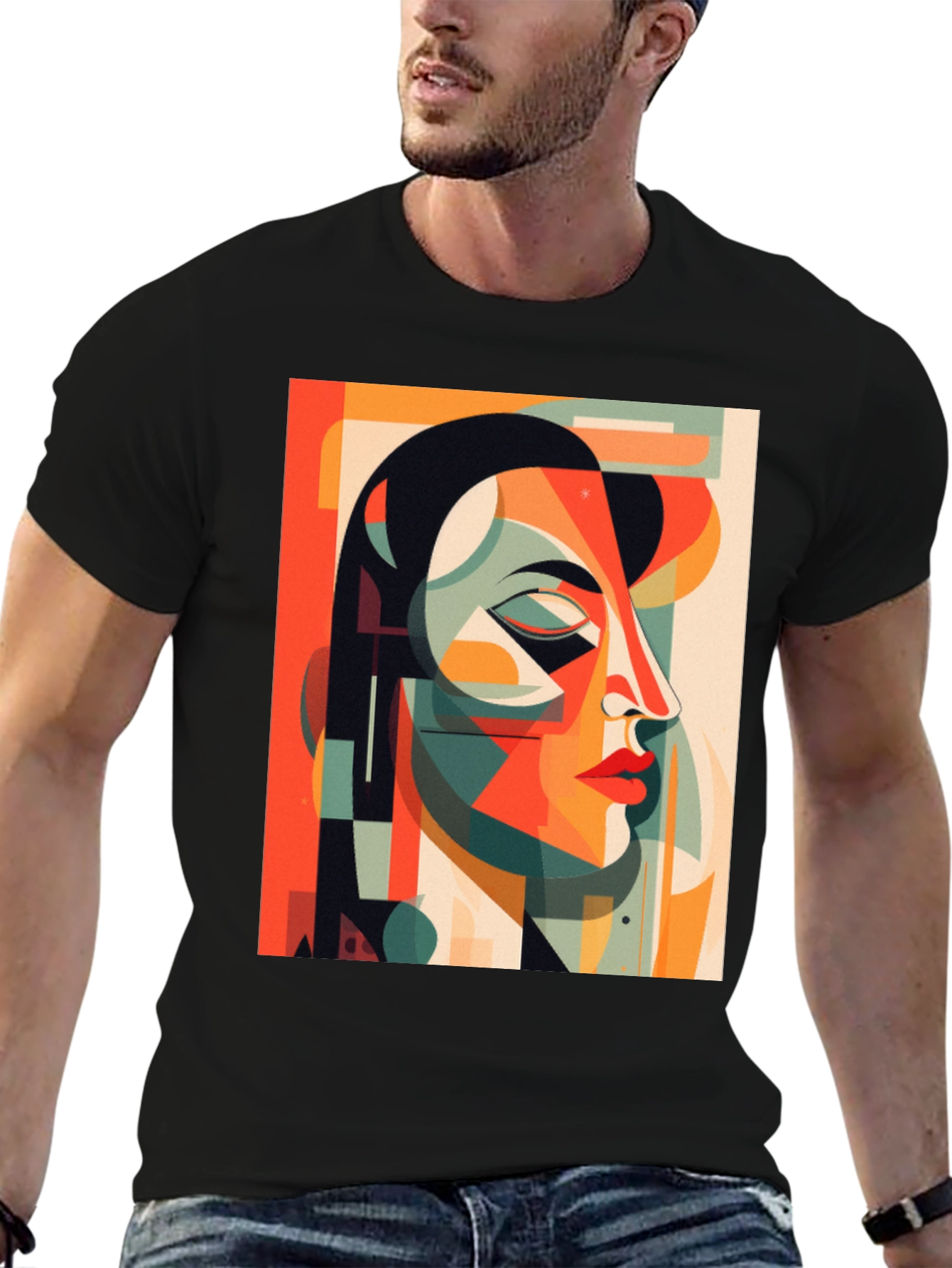Abstract Geometric Face Graphic Tee - Modern Art Shirt