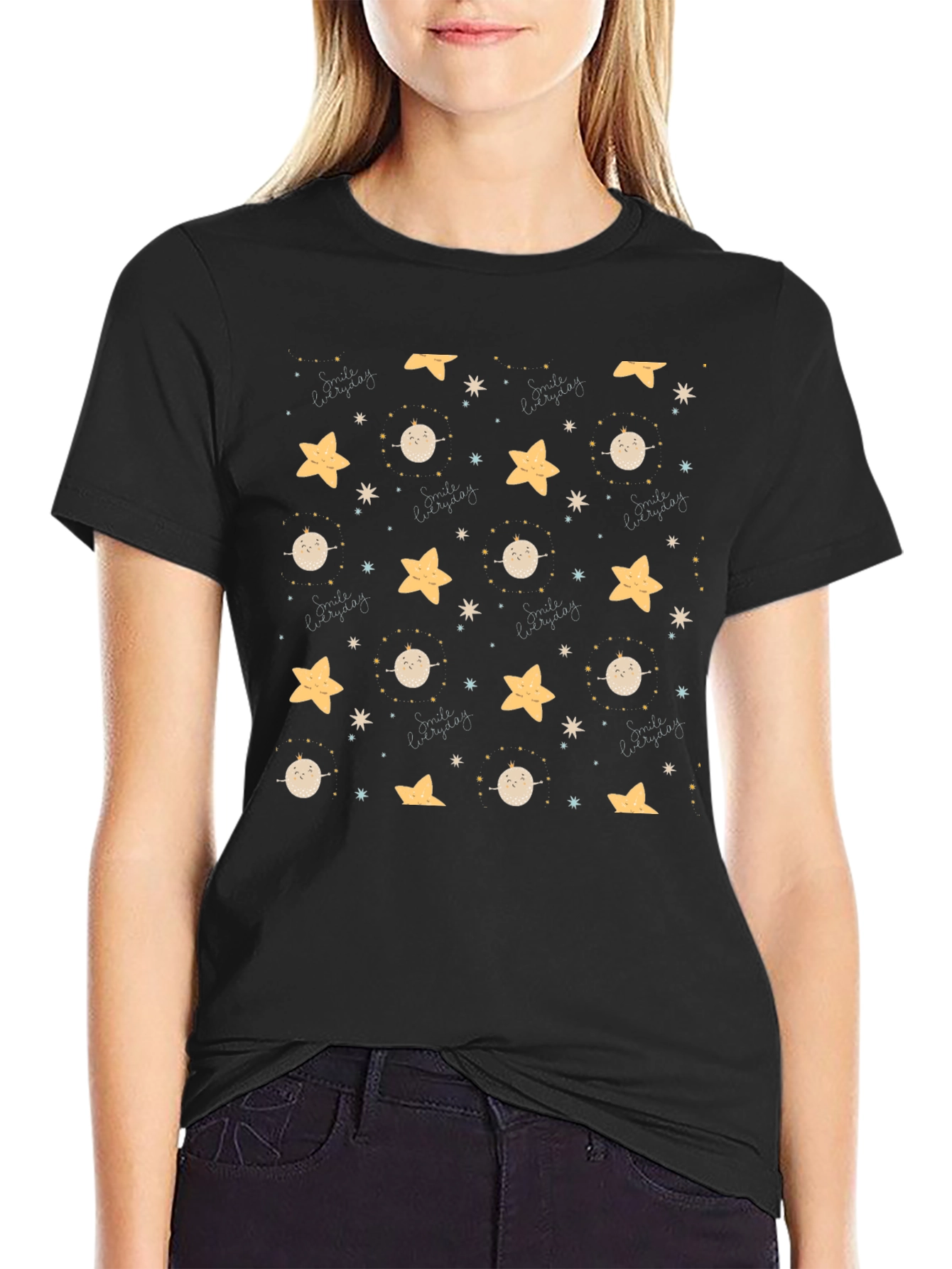 Celestial Dreamscape Black T-Shirt: Stars & Moons