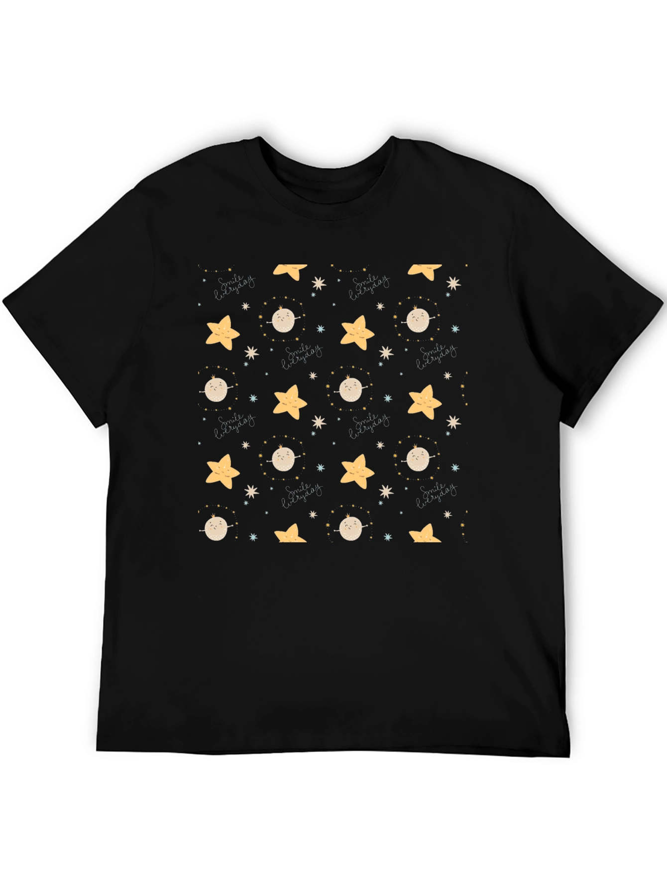 Celestial Dreamscape Black T-Shirt: Stars & Moons