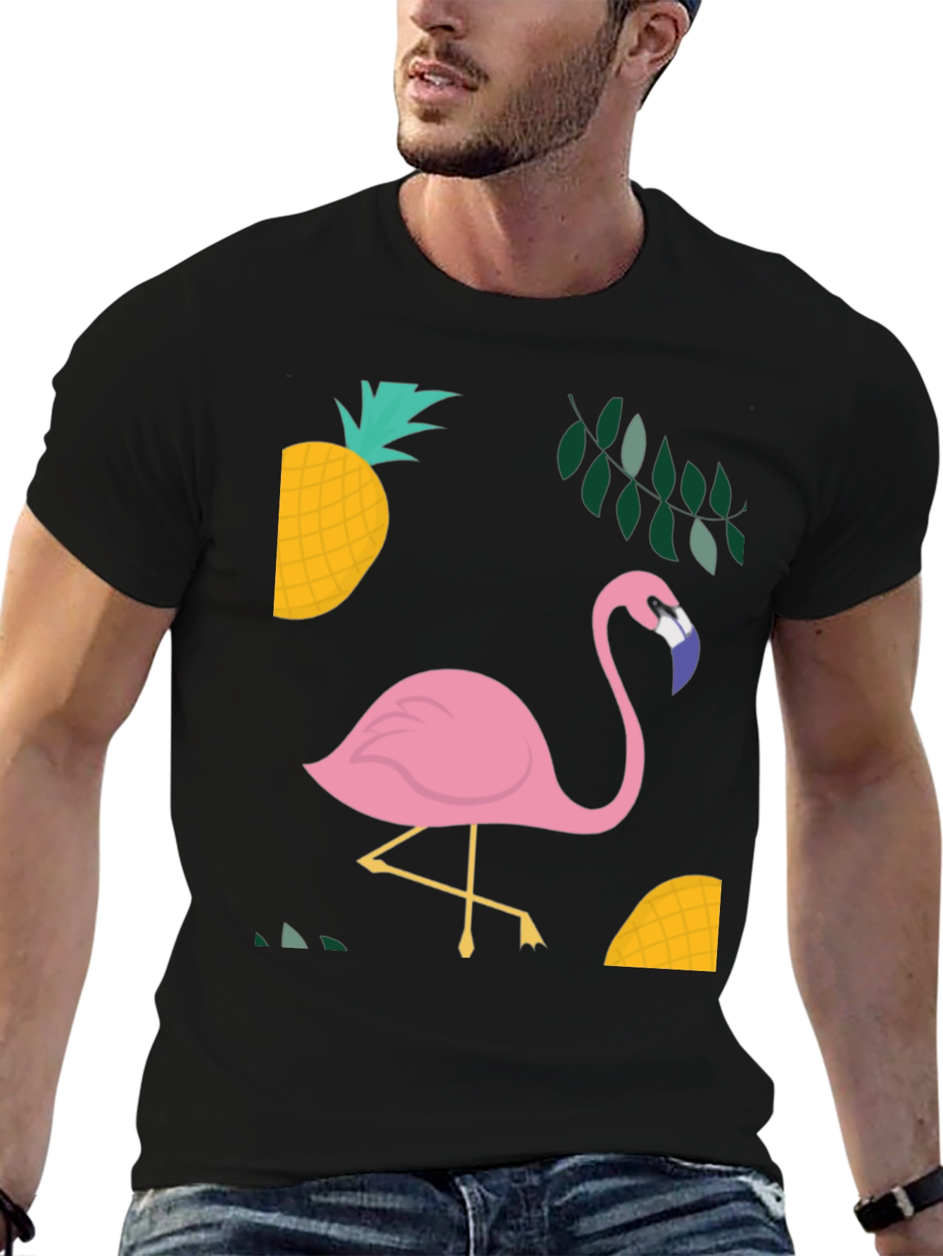 Tropical Flamingo Graphic Tee - Black Cotton Shirt
