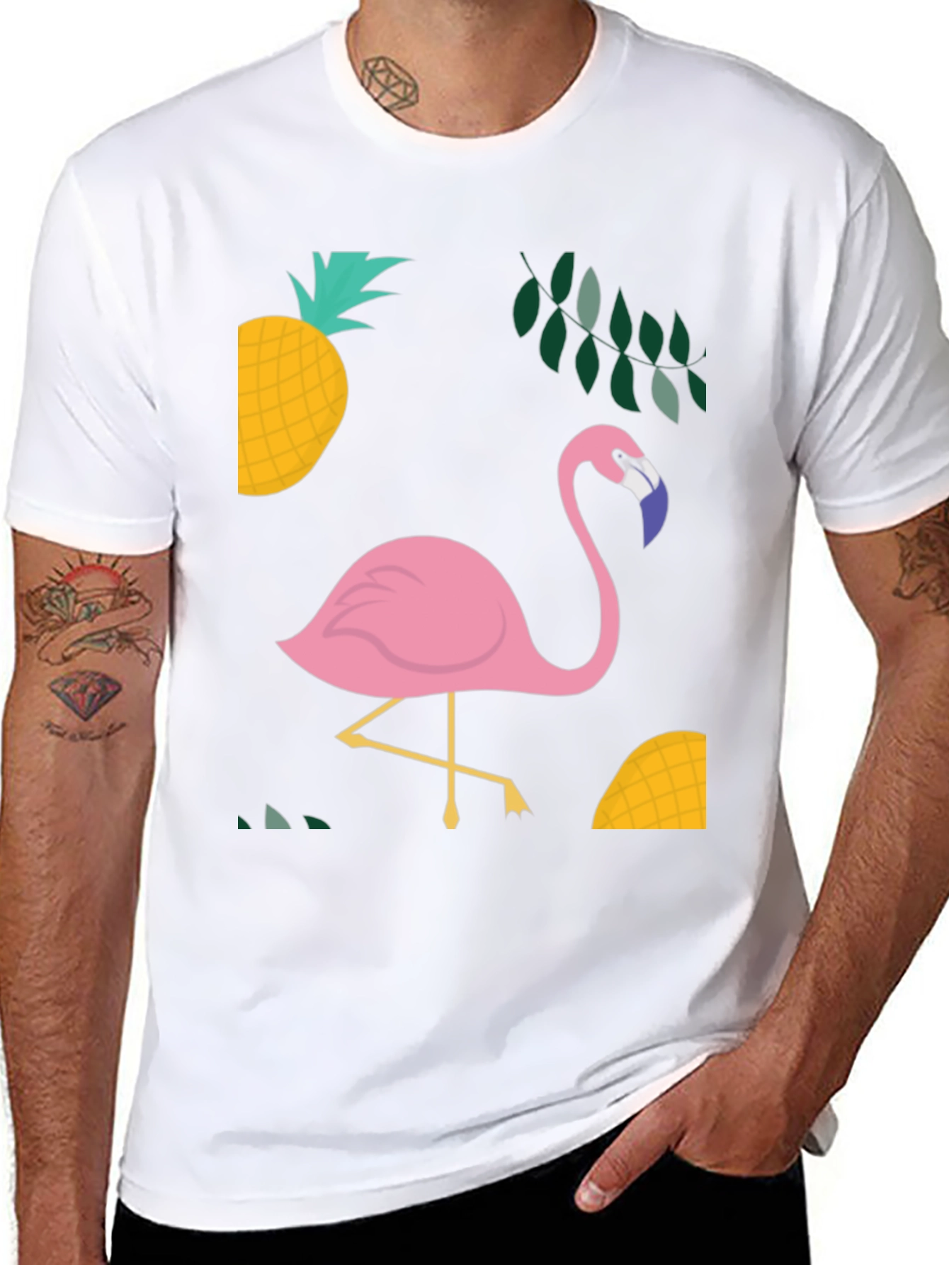 Tropical Flamingo Graphic Tee - Black Cotton Shirt