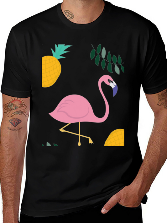 Tropical Flamingo Graphic Tee - Black Cotton Shirt