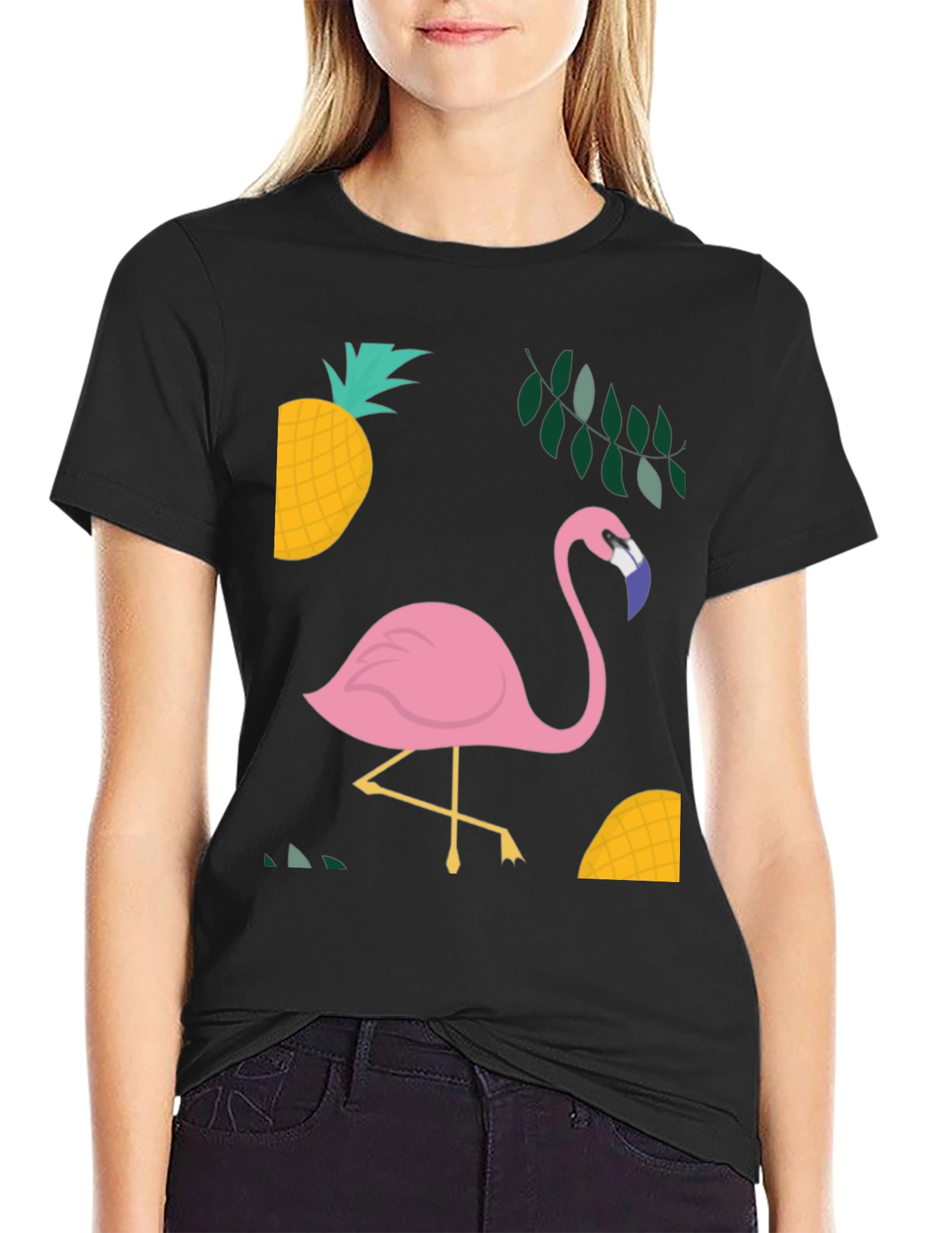 Tropical Flamingo Graphic Tee - Black Cotton Shirt