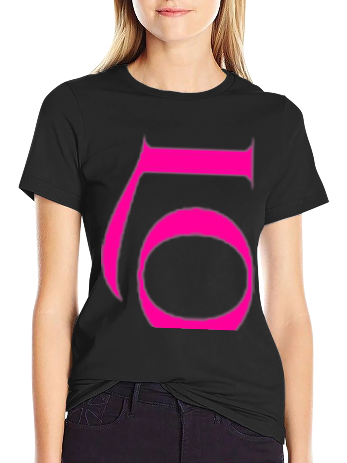 Bold Pink Number 6 Graphic Black T-Shirt