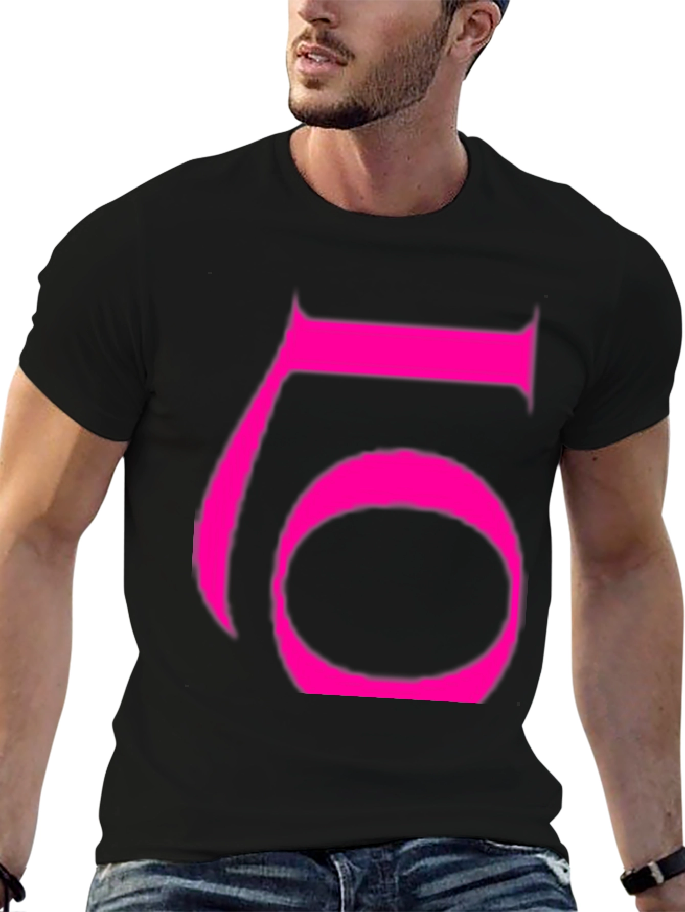Bold Pink Number 6 Graphic Black T-Shirt