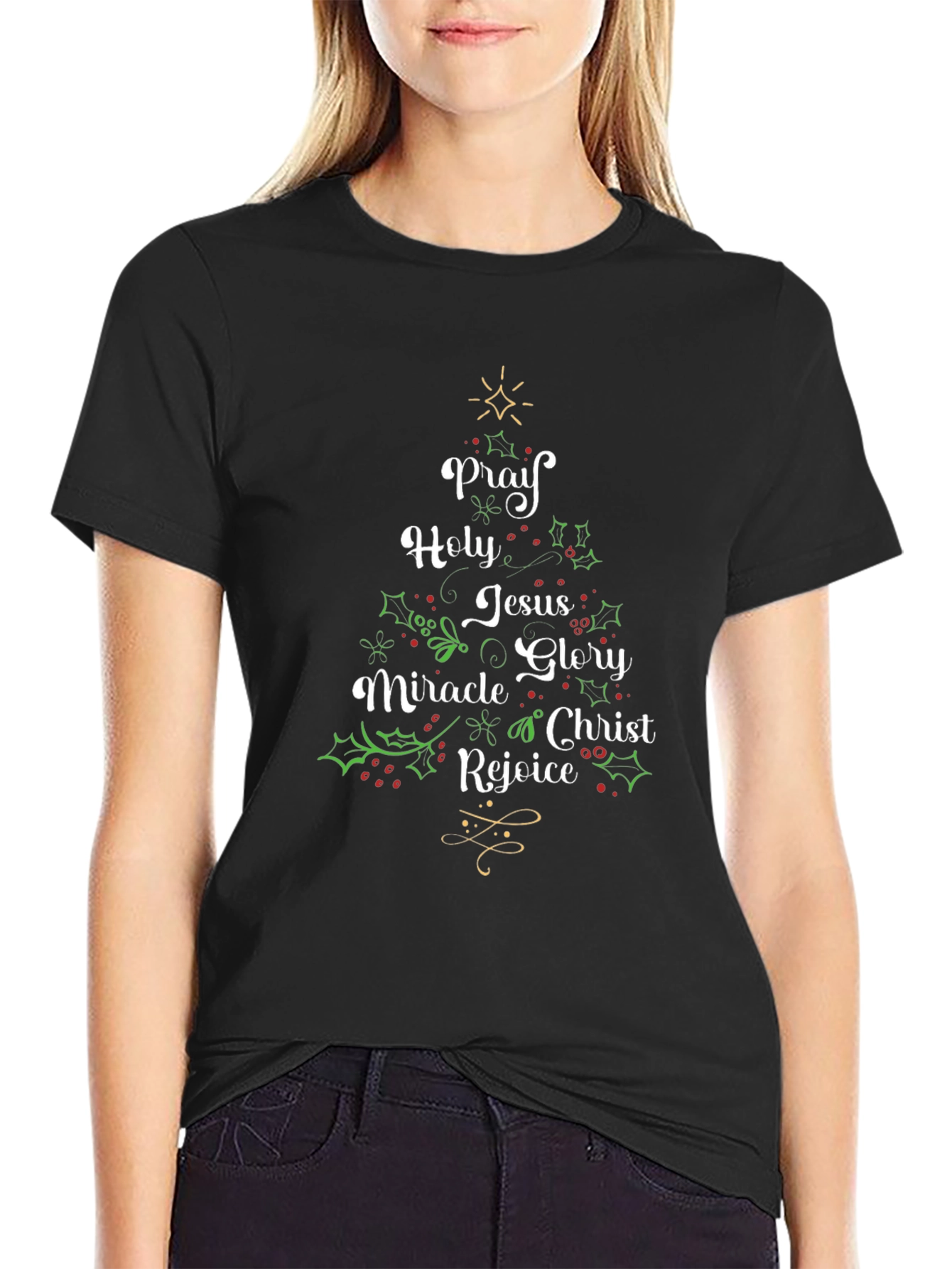 Christmas Words Tree Black T-Shirt