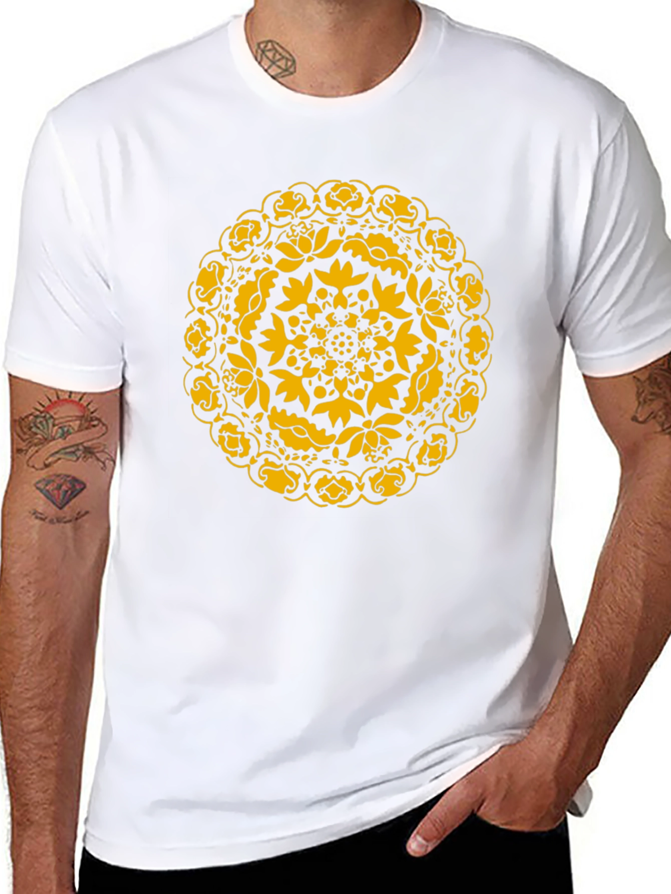 Black T-Shirt with Golden Floral Mandala Design