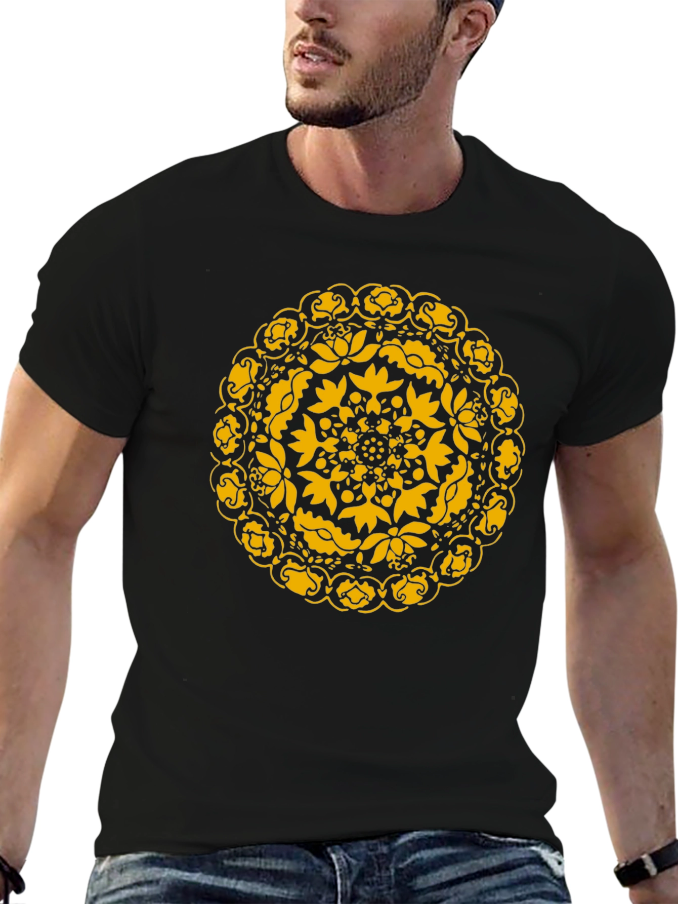 Black T-Shirt with Golden Floral Mandala Design