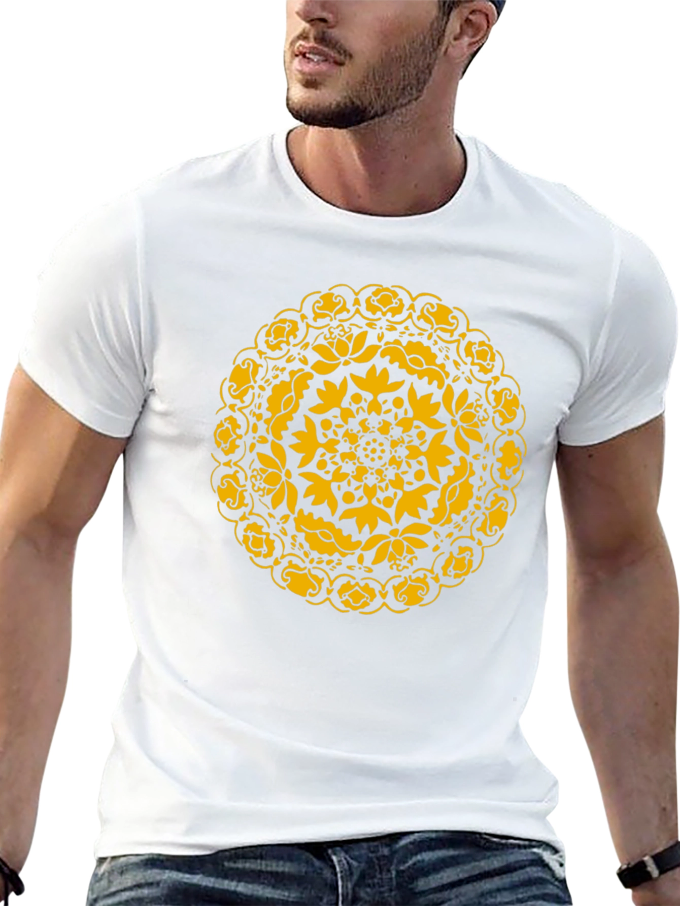 Black T-Shirt with Golden Floral Mandala Design