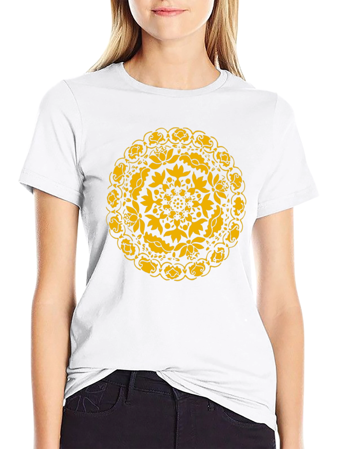 Black T-Shirt with Golden Floral Mandala Design