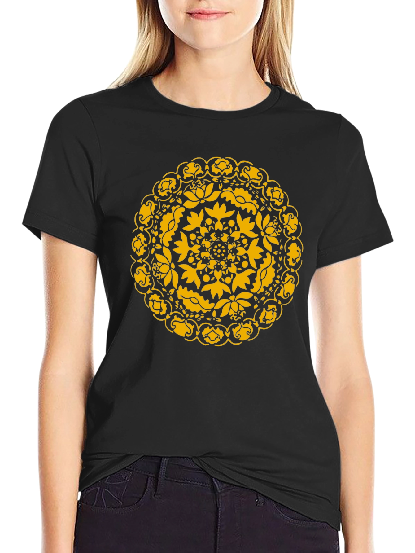 Black T-Shirt with Golden Floral Mandala Design