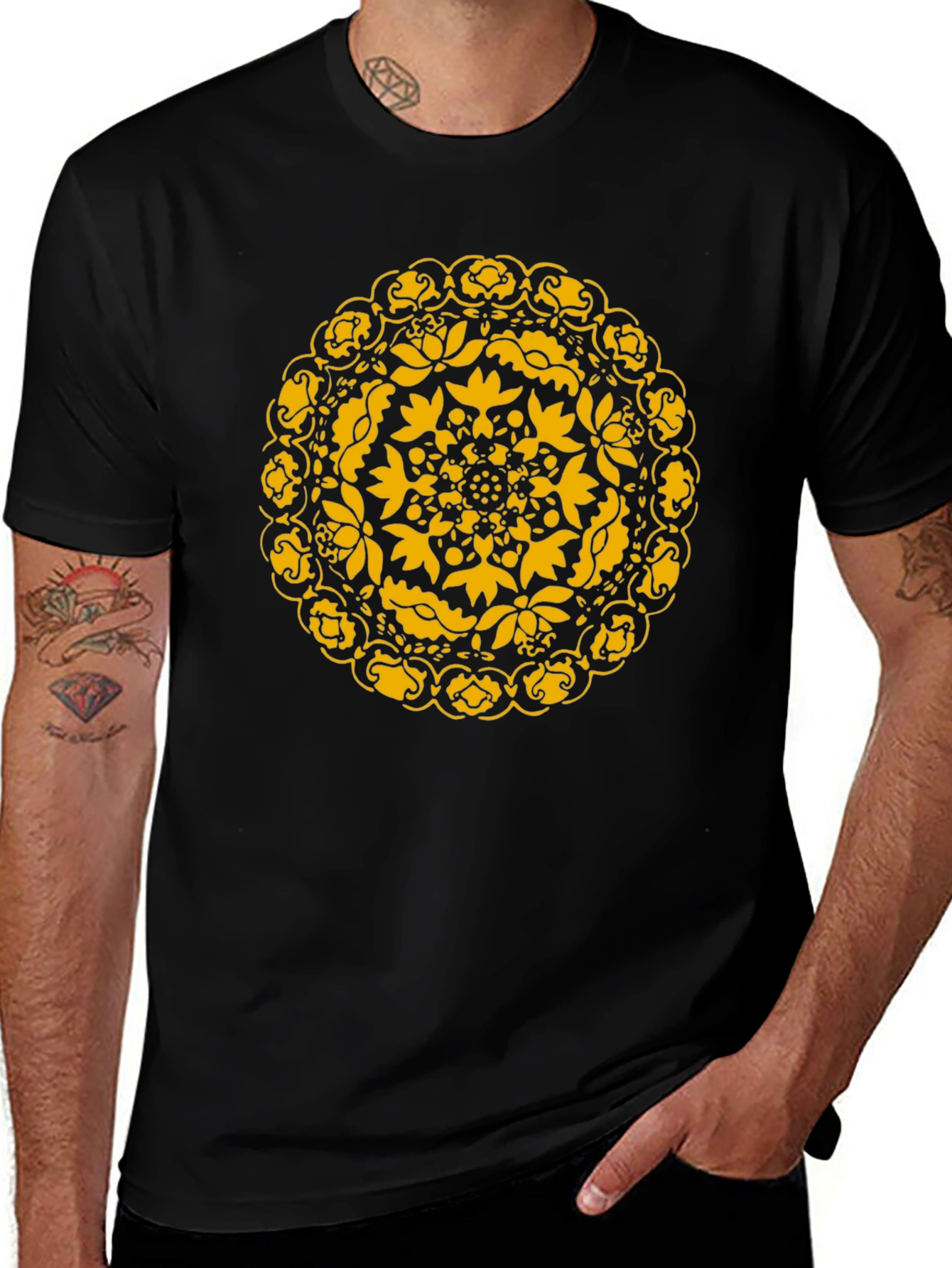 Black T-Shirt with Golden Floral Mandala Design