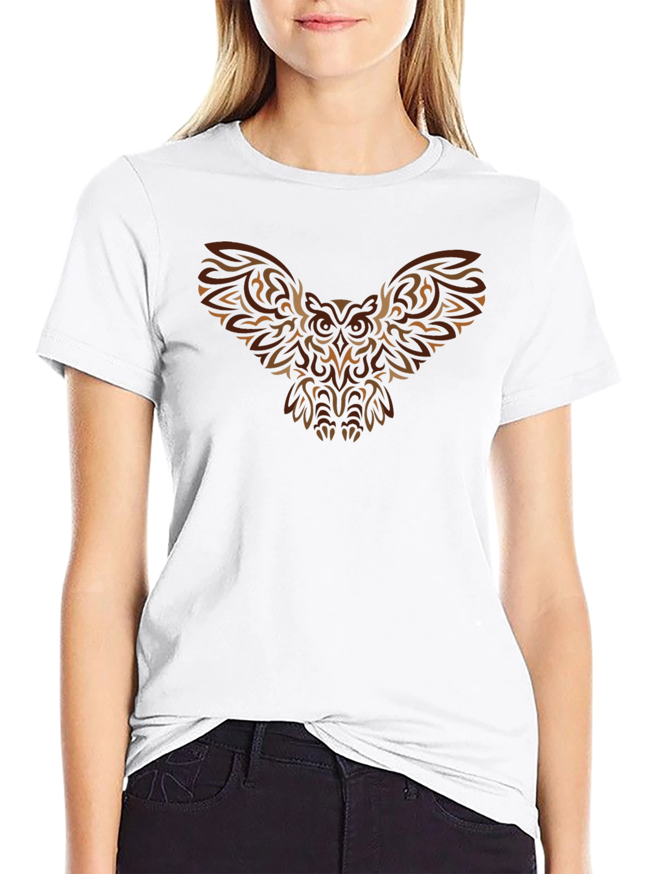 Tribal Owl Graphic Print Black T-Shirt