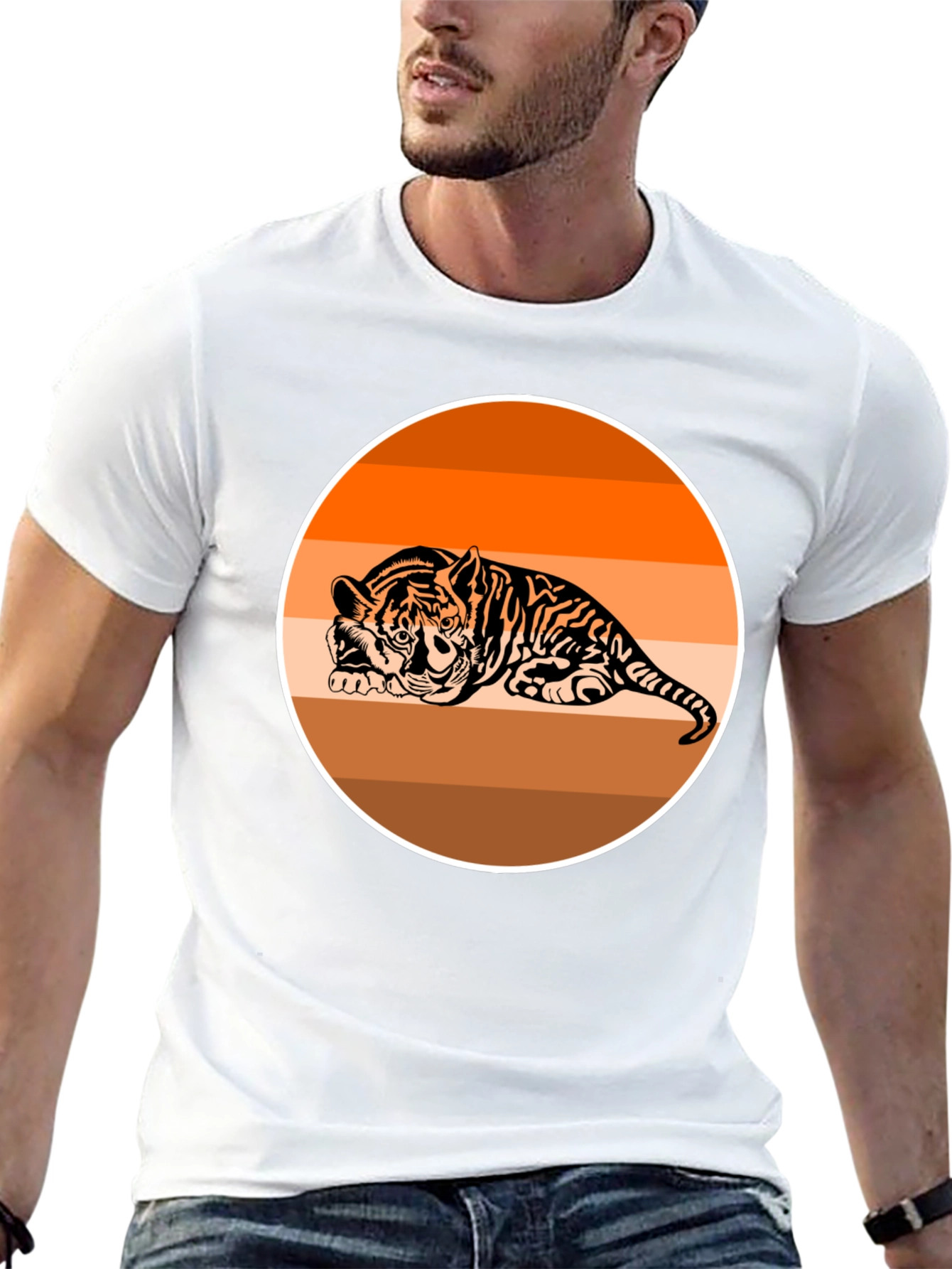 Tiger Graphic Tee - Retro Striped Design