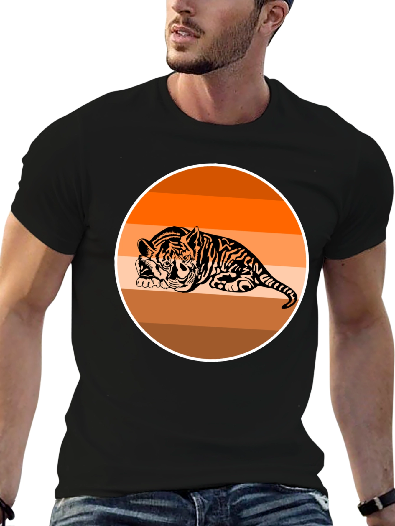Tiger Graphic Tee - Retro Striped Design