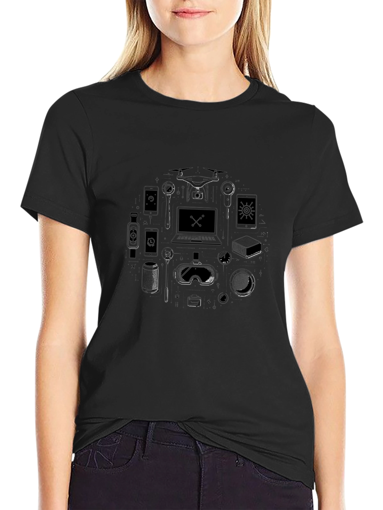 Tech Gadget Graphic T-Shirt - Black