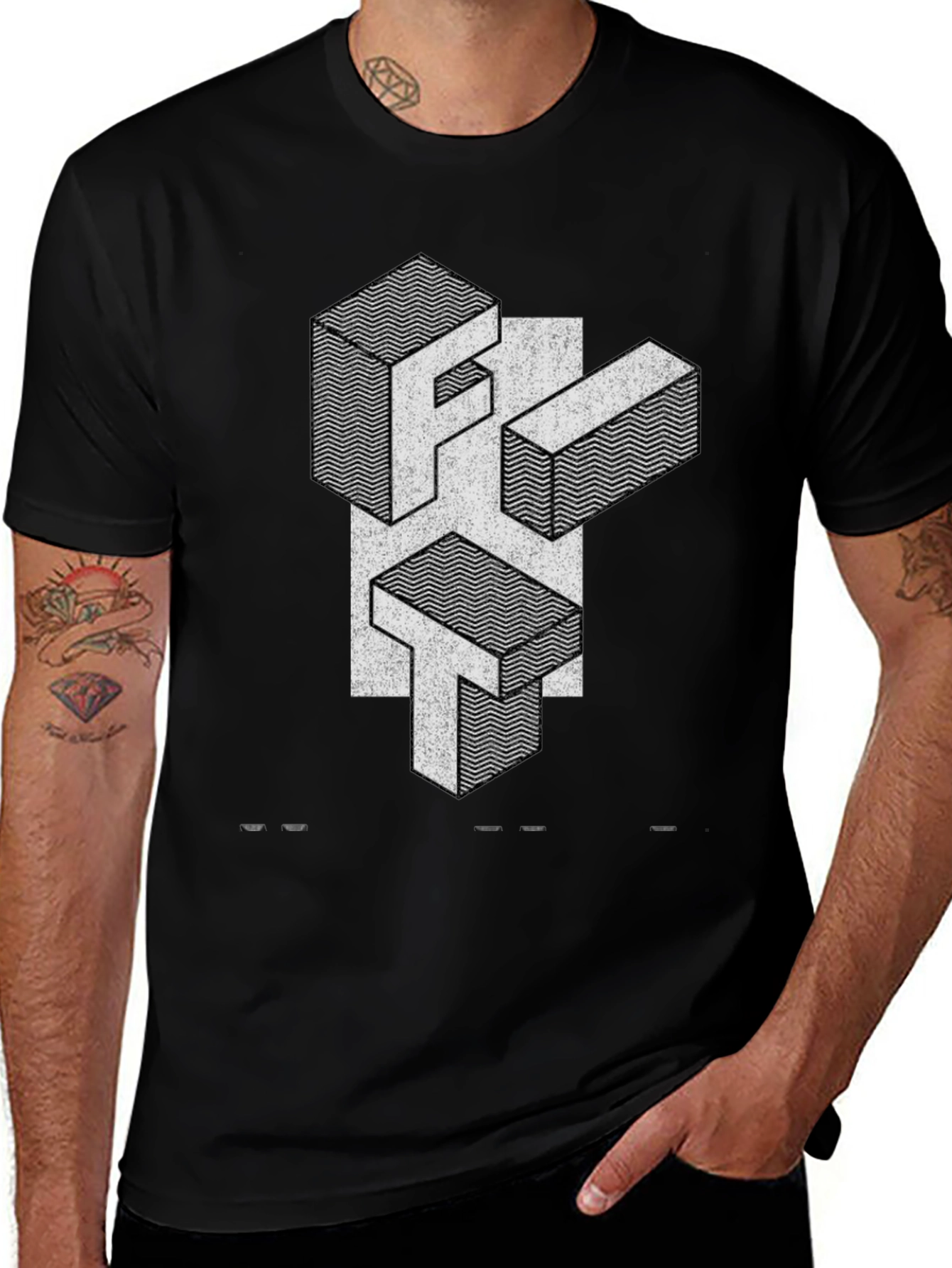 Abstract Geometric Letter Print Black T-Shirt