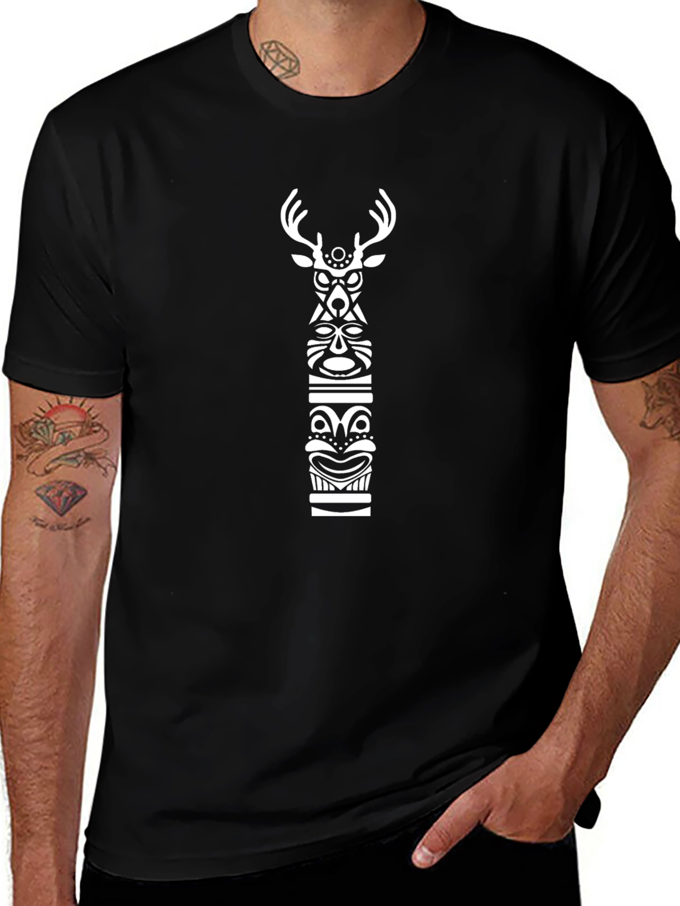 Tribal Deer Graphic Black T-Shirt