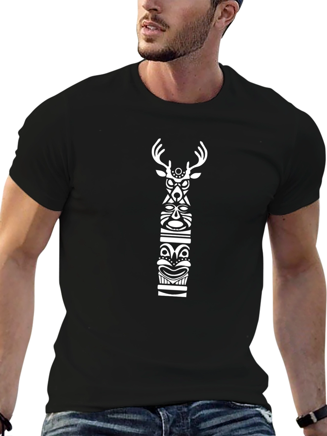 Tribal Deer Graphic Black T-Shirt