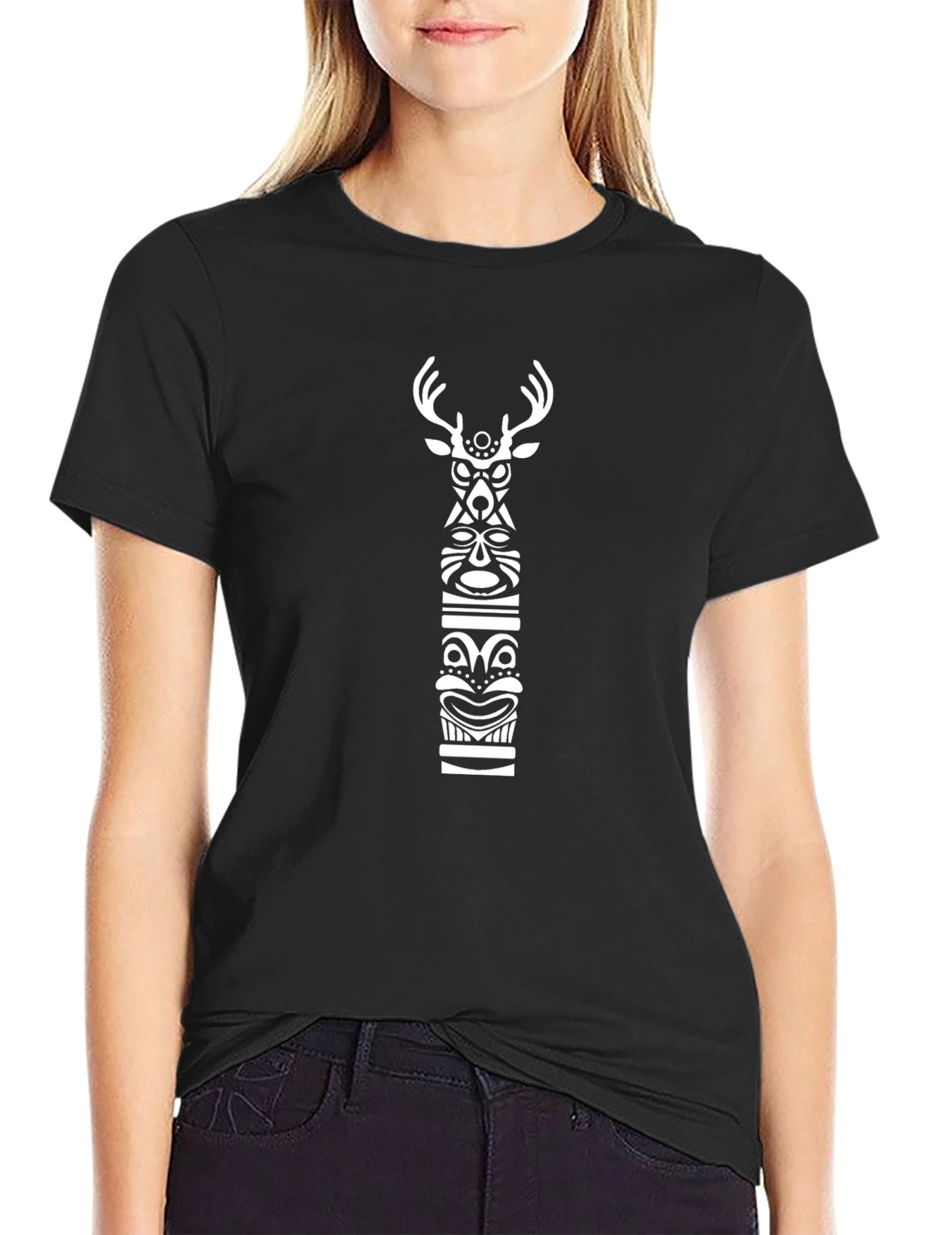 Tribal Deer Graphic Black T-Shirt