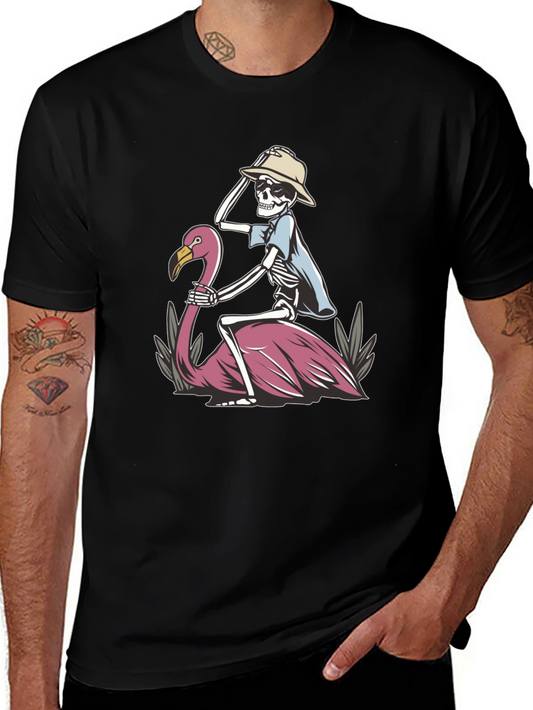 Skeleton Riding Flamingo Graphic T-Shirt