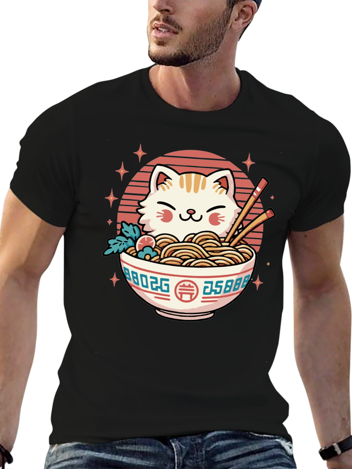 Cat Ramen Bowl Black T-Shirt