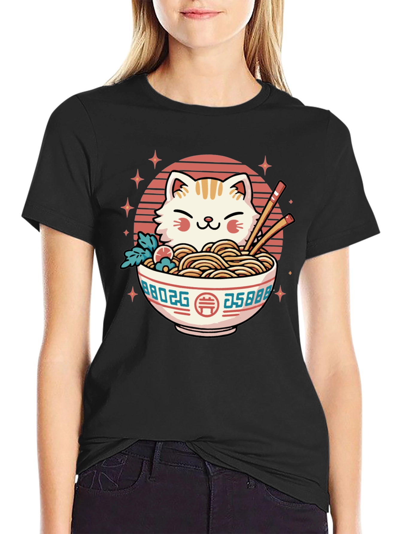 Cat Ramen Bowl Black T-Shirt