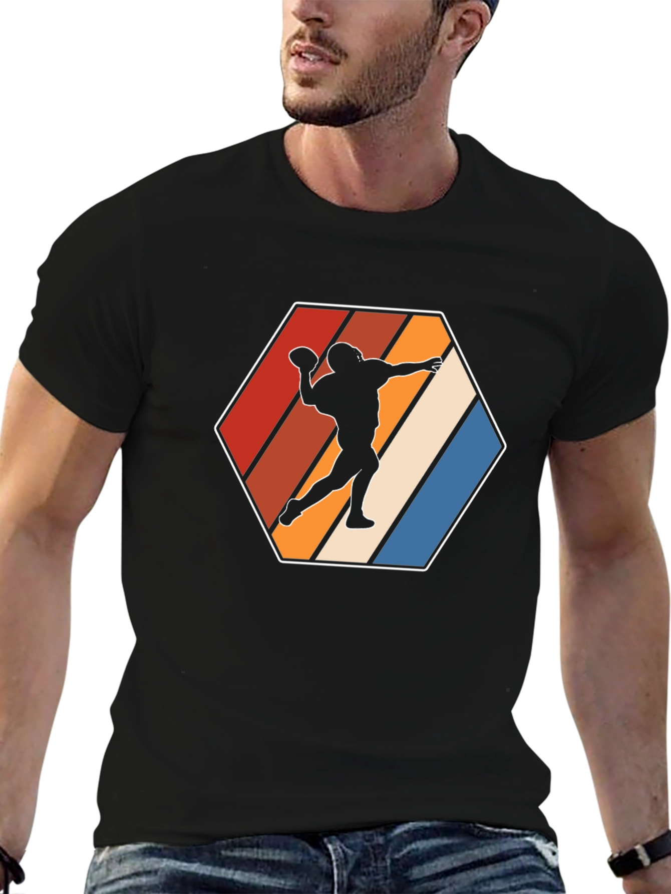 Retro Football Thrower Graphic Tee - Black