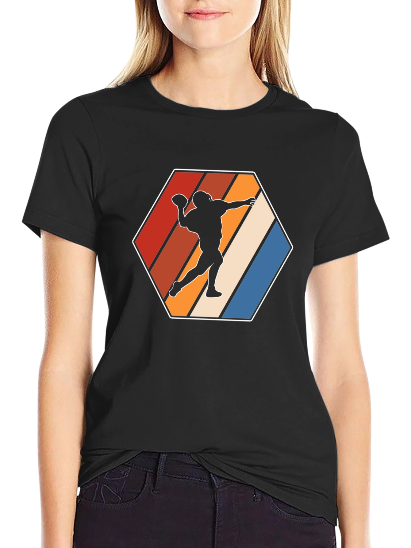 Retro Football Thrower Graphic Tee - Black