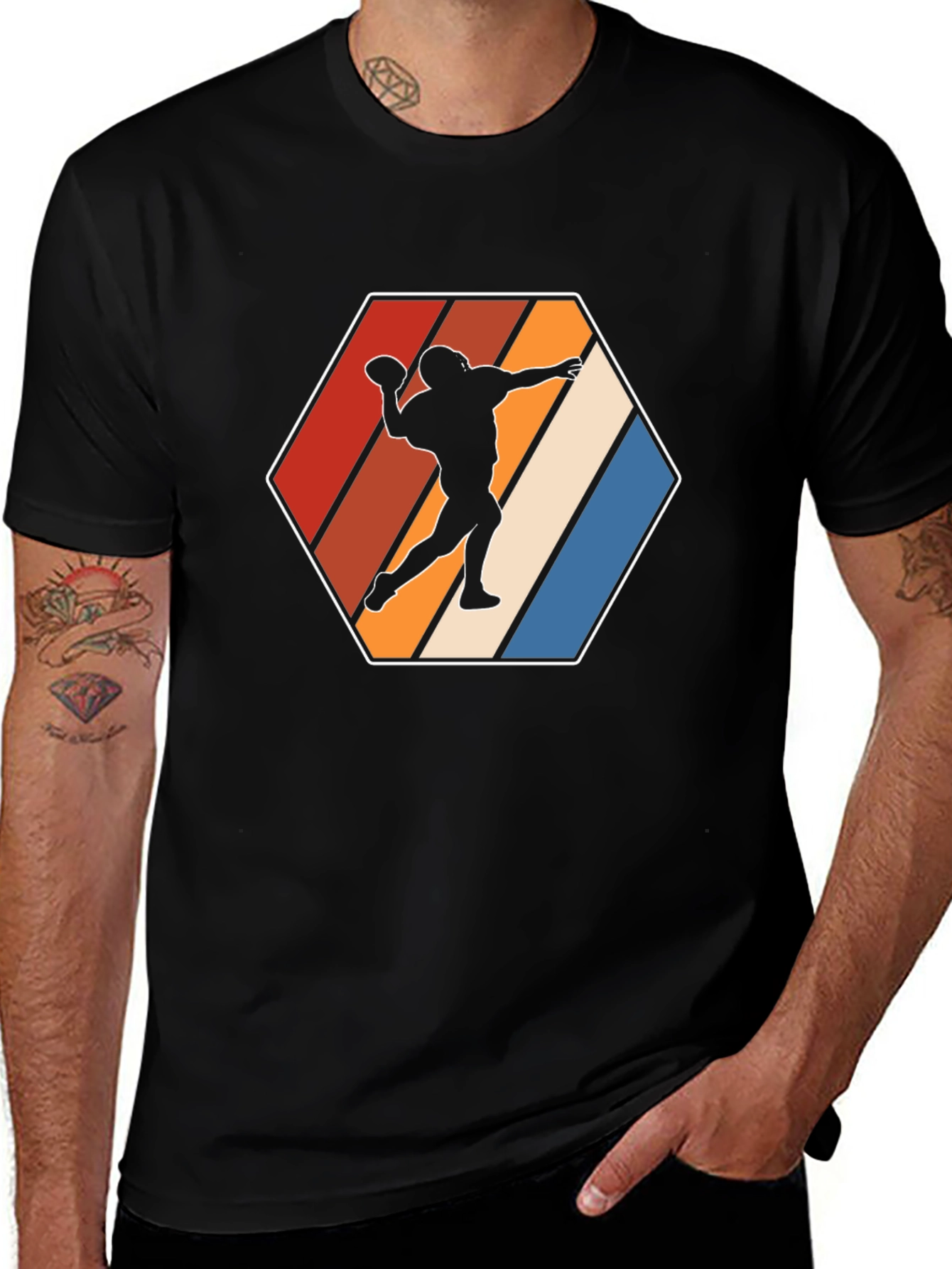Retro Football Thrower Graphic Tee - Black
