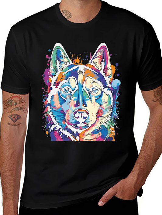 Colorful Husky Dog Graphic Print Black T-Shirt