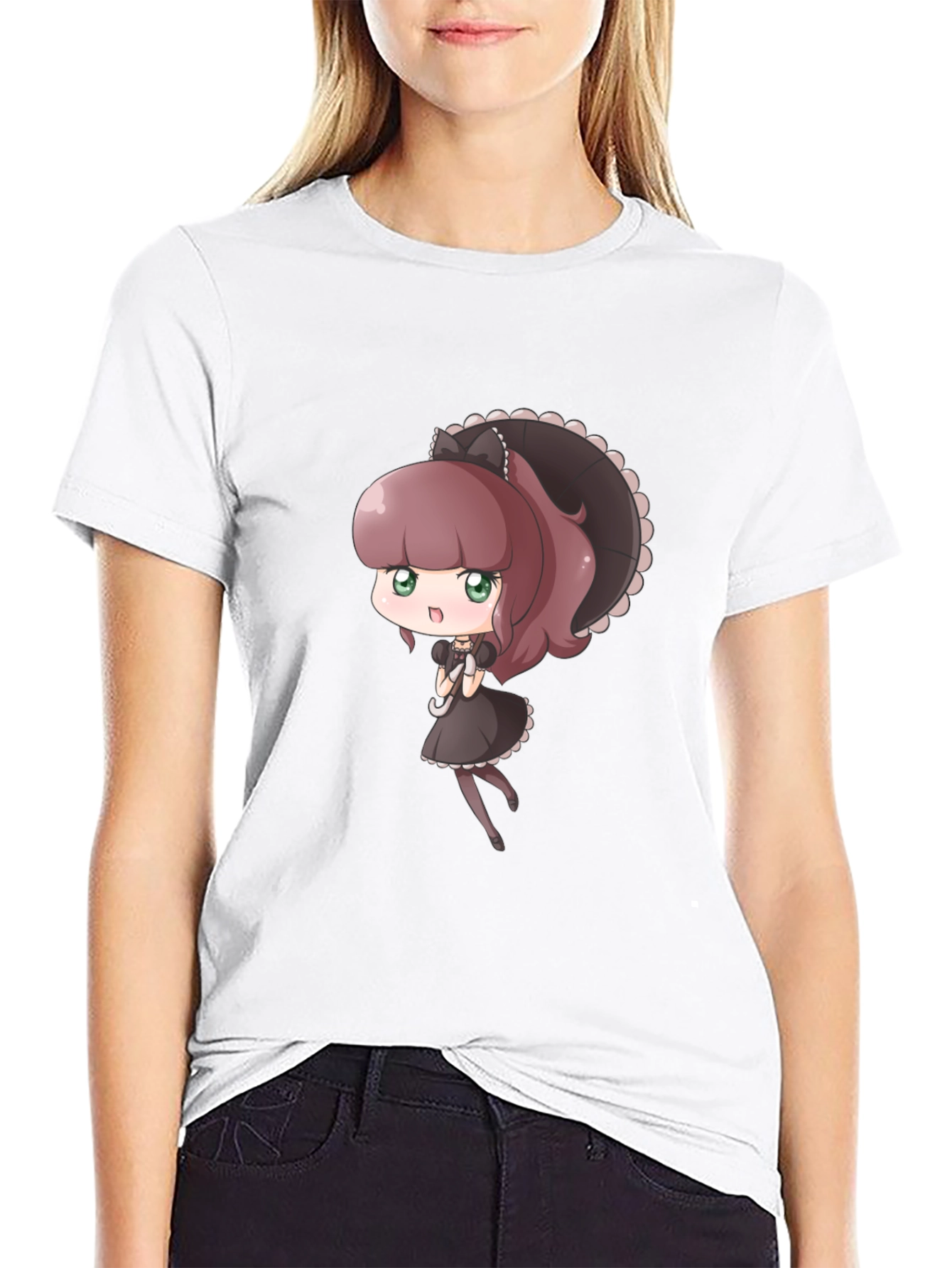 Cute Anime Maid Graphic Black T-Shirt