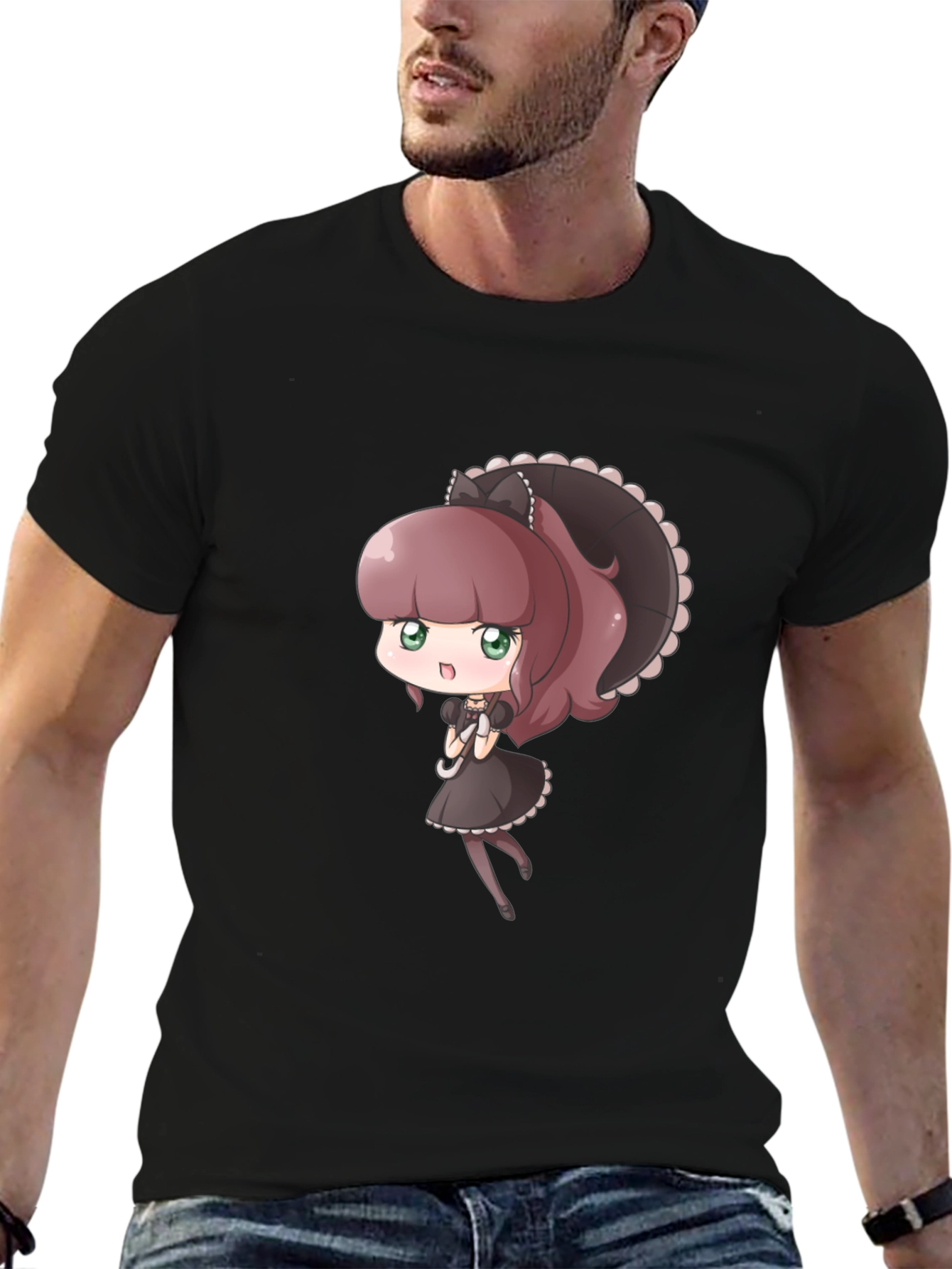 Cute Anime Maid Graphic Black T-Shirt