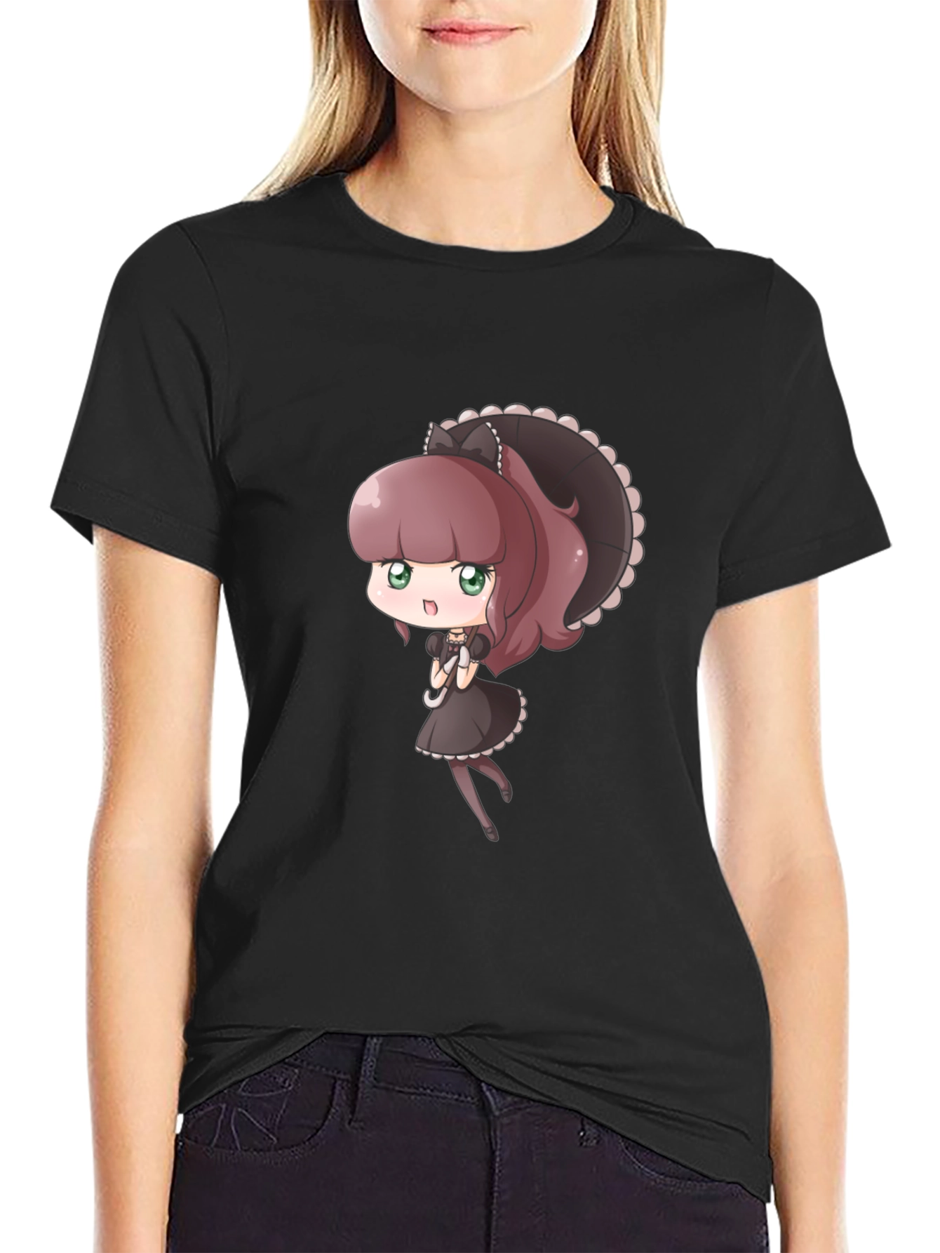 Cute Anime Maid Graphic Black T-Shirt